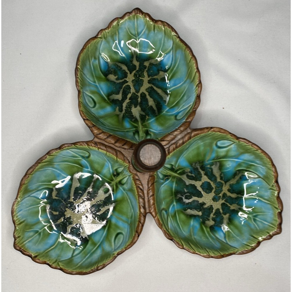 Vintage Treasure Craft Divided Three Dish Dip Relish USA Green & Blue Leafs
